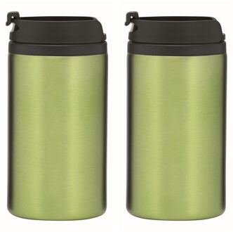 Thermosbeker/warmhoudbeker Koffie To Go - 2x - metallic groen - 290 ml - dubbelwandig - met schroefd