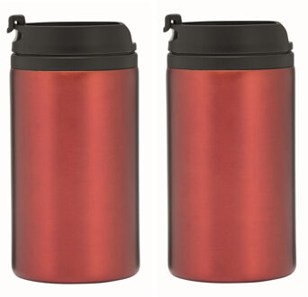Thermosbeker/warmhoudbeker Koffie To Go - 2x - metallic rood - 290 ml - dubbelwandig - met schroefdo