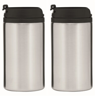 Thermosbeker/warmhoudbeker Koffie To Go - 2x - metallic zilver - 290 ml - dubbelwandig - met schroef