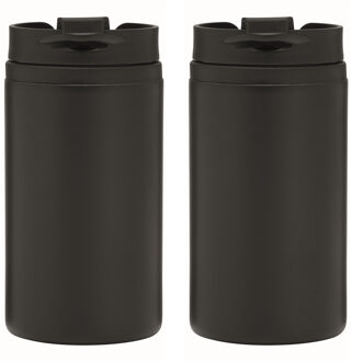 Thermosbeker/warmhoudbeker Koffie To Go - 2x - metallic zwart - 290 ml - dubbelwandig - met schroefd