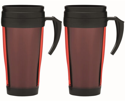 Thermosbeker/warmhoudbeker Koffie To Go - 2x - rood/zwart - 400 ml - koffie/thee bekers - dubbelwand