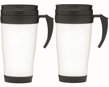 Thermosbeker/warmhoudbeker Koffie To Go - 6x - wit/zwart - 400 ml - koffie/thee bekers - dubbelwandi