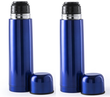 Thermosfles - 2x - 500 ml - blauw - RVS - schroefdop als beker - 25 cm - isoleerfles
