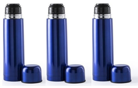 Thermosfles - 3x - 500 ml - blauw - RVS - schroefdop als beker - 25 cm - isoleerfles
