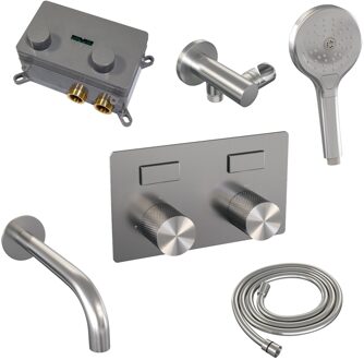 Thermostatische Inbouw Badkraan Brauer Brushed Carving Met Drukknoppen SET 04 Met Uitloop En 3-Standen Handdouche En Doucheslang En Wandaansluitbocht RVS Geborsteld PVD