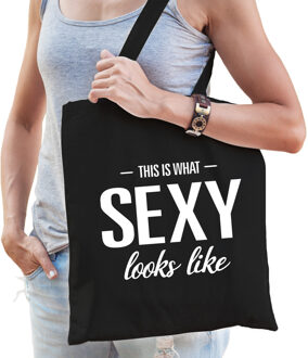 This is what sexy looks like cadeau katoenen tas zwart voor dames - kado tas / tasje / shopper voor een sexy dame / vrouw