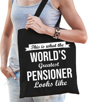 This is what the worlds greatest pensioner looks like cadeau tasje - zwart met witte letters - voor dames - Pensioen / VUT kado tas