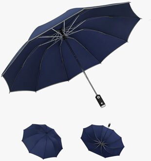 Three-fold Automatic Reverse Umbrella Portable Folding Waterproof Reflective Edge LED Light Sun Block Umbrella Parasol Blauw