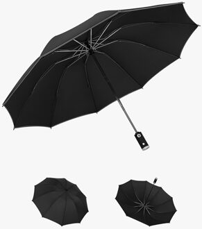 Three-fold Automatic Reverse Umbrella Portable Folding Waterproof Reflective Edge LED Light Sun Block Umbrella Parasol zwart