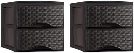 Thuis kantoor organizer ladeblok - 2x - 2 lades - 25 x 37 x 26 cm - kunststof - donkerbruin