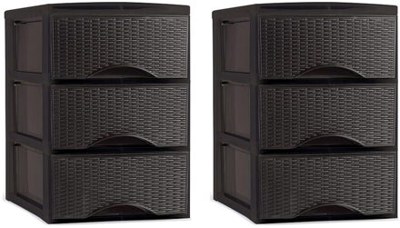 Thuis kantoor organizer ladeblok - 2x - 3 lades - 26 x 37 x 37 cm - kunststof - donkerbruin