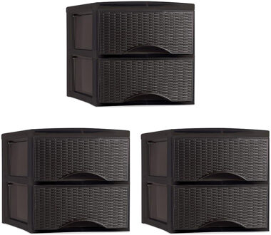 Thuis kantoor organizer ladeblok - 3x - 2 lades - 25 x 37 x 26 cm - kunststof - donkerbruin