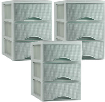 Thuis kantoor organizer ladeblok - 3x - 2 lades - 25 x 37 x 26 cm - opslag - Kunststof - Groen