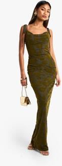 Tie Detail Devore Cowl Maxi Jurk, Khaki - 44