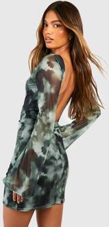 Tie-Dye Mini-Jurk Met Open Rug En Flare Mouwen, Green - 42