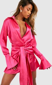 Tie Front Satin Shirt Dress, Hot Pink - 16