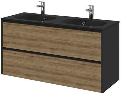 Tiger Reverse Meubelset 120 cm met 2 lades Chalet eik - Mat zwart incl Oval wastafel dubbel Mat zwart - 800325 Eiken