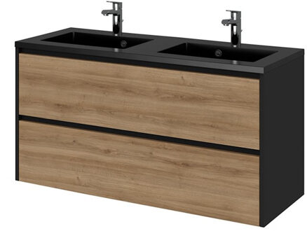 Tiger Reverse Meubelset 120 Cm Met 2 Lades Chalet Eik / Mat Zwart Inclusief Quadro Wastafel Dubbel Mat Zwart