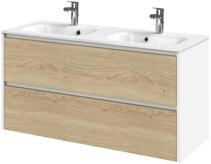 Tiger Reverse Meubelset 120 cm met 2 lades Naturel eik - Mat wit incl Oval wastafel dubbel Hoogglans wit - 800321 Eiken