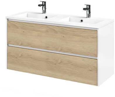 Tiger Reverse Meubelset 120 cm met 2 lades Naturel eik - Mat wit incl Quadro wastafel Hoogglans wit - 800320 Eiken