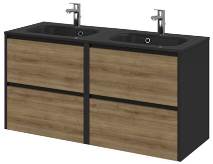 Tiger Reverse Meubelset 120 cm met 4 lades Chalet eik - Mat zwart incl Oval wastafel dubbel Mat zwart - 800327 Eiken