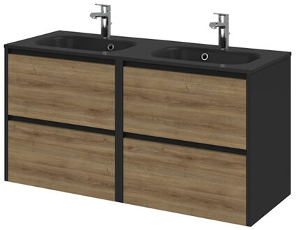 Tiger Reverse Meubelset 120 cm met 4 lades Chalet eik - Mat zwart incl Oval wastafel dubbel Mat zwart - 800327 Eiken