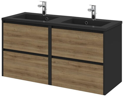 Tiger Reverse Meubelset 120 cm met 4 lades Chalet eik - Mat zwart incl Quadro wastafel dubbel Mat zwart - 800326 Eiken