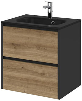 Tiger Reverse Meubelset 60 cm met 2 lades Chalet eik - Mat zwart incl Oval wastafel Mat zwart - 800309 Eiken