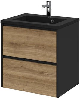 Tiger Reverse Meubelset 60 cm met 2 lades Chalet eik - Mat zwart incl Quadro wastafel Mat zwart - 800317 Eiken