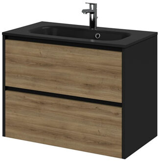 Tiger Reverse Meubelset 80 cm met 2 lades Chalet eik - Mat zwart incl Oval wastafel Mat zwart - 800312 Eiken