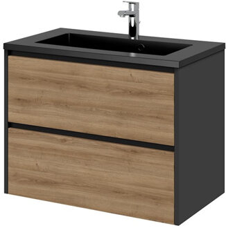 Tiger Reverse Meubelset 80 Cm Met 2 Lades Chalet Eik / Mat Zwart Inclusief Quadro Wastafel Mat Zwart