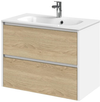 Tiger Reverse Meubelset 80 cm met 2 lades Naturel eik - Mat wit incl Oval wastafel Hoogglans wit - 800310 Eiken