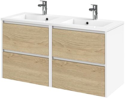 Tiger Wastafelonderkast Reverse 119cm - Naturel Eik Mat Wit - Met 4 Lades - Met Hoogglans Witte Wastafel - 119,4x60x45cm