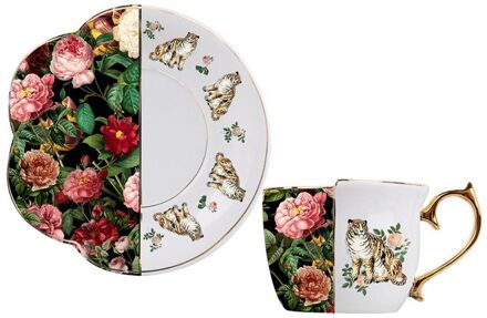 Tijger Bloem Koffie Cup Schotels Retro Luxe Gouden Rand Mok Met Schotel Grappige Koffie Set Afternoon Keramische Onregelmatige Thee Tumbler