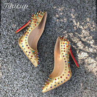 Tikicup Light Golden Women Spikes Pointy Toe Pumps Slip On Stilettos Ladies High Heels with Studs Rivets Sexy Party Dress Shoes