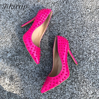 Tikicup Rose Pink Sexy Women Spikes Pointed Toe Stiletto Pumps Ladies Slip On High Heels with Studs Designed Party Dress Shoes