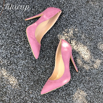Tikicup Women Pink Flock Pumps Sythetic Suede Pointy Toe Stilettos Elegant Ladies Formal Slip On High Heels Fashion Dress Shoes