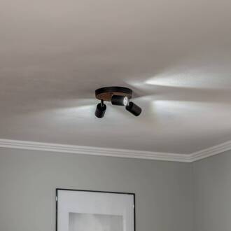 Tino plafondspot 3-lamps rond zwart/hout zwart, licht hout