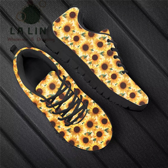 Tiny Happy Yellow Sunflowers Printed Woman Mesh Sneakers Casual Spring/Autumn Lace-up Vulcanized Shoes Zapatillas De Deporte
