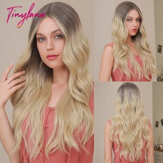 Tiny Lana Synthetische Lange Golvende Ombre Zwart Gouden Kant Deel Pruiken Voor Witte Vrouwen Met Baby Haar Hoge Dichtheid Warmte slip Dagelijks
