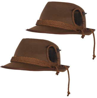 Tiroler hoedje met koord en veer - 2x - bruin - volwassenen - Jagershoedje/Oktoberfest