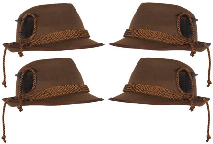 Tiroler hoedje met koord en veer - 4x - bruin - volwassenen - Jagershoedje/Oktoberfest