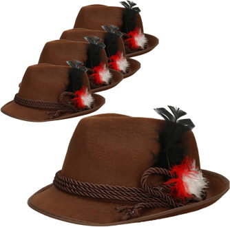 Tiroler hoedje met koord en veer - 6x - bruin - volwassenen - Jagershoedje/Oktoberfest