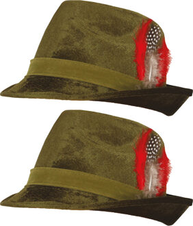 Tiroler/oktoberfest hoedje voor heren - 4x - verkleed accessoires - groen velvet - met veer