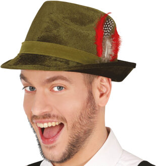 Tiroler/oktoberfest hoedje voor heren - verkleed accessoires - groen velvet - met veer