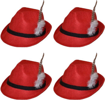 Tirolerhoed - 4x stuks - rood - volwassenen - Oktoberfest hoedje - verkleedaccessoires