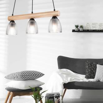 Tisan hanglamp hout/glas 3-lamps helder, licht hout, zwart
