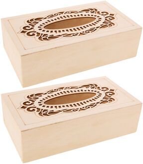 Tissuedoos - 2x stuks - naturel - sierlijk design - 26 x 14 cm - hout - rechthoekig