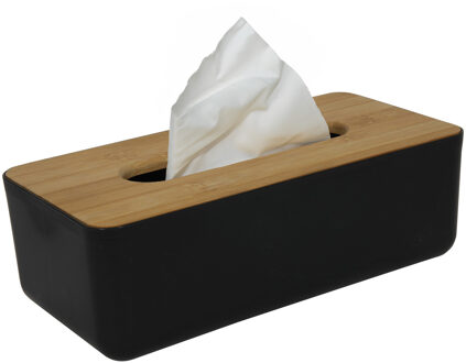 Tissuedoos/tissuebox - zwart/bruin - rechthoekig - kunststof/bamboe hout - 26 x 13 x 8 cm