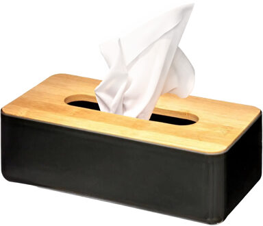 Tissuedoos/zakdoekjes box - zwart/bruin - kunststof met bamboe deksel - 26 x 13 cm